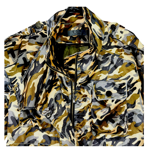 TOV sz 38 Holy G Satin Camo Shirt Jacket Women Diagonal Zip Front Army Green - Picture 10 of 15